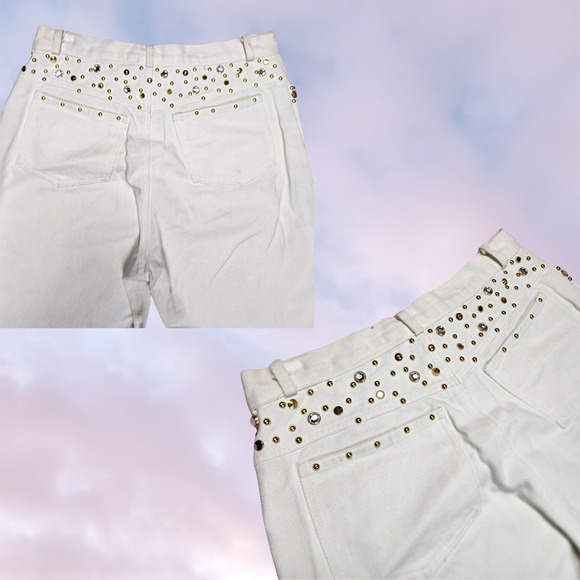 Vtg 80s Bebe Sport Hawaii White Denim Gold Studded Rhinestone High Waist Jeans - Picture 3 of 6